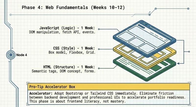  Phase 4 web fundamentals for Python developers showing HTML CSS JavaScript Bootstrap and DOM basics