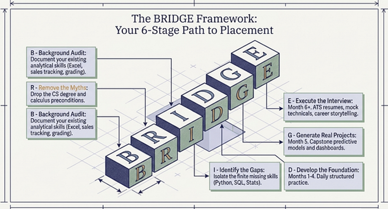 BRIDGE Framework visual showing six stages from non-IT background to placed Data Science professional — Background Audit, Remove Myths, Identify Gaps, Develop Foundation, Generate Projects, Execute Interview