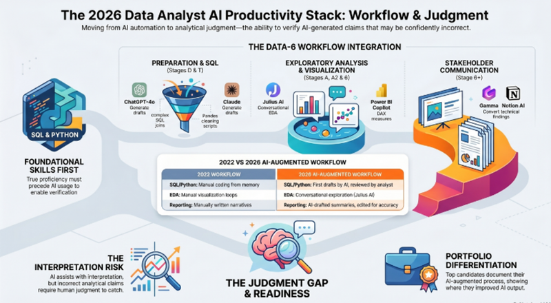 DATA-6 Analyst Productivity Stack workflow map showing six stages and the AI tools that create leverage at each stage for Data Analysts in India 2026