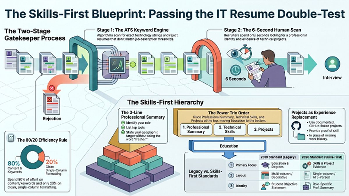  Skills-First Blueprint for IT fresher resume showing how passing the ATS double-test requires keyword density before human reading