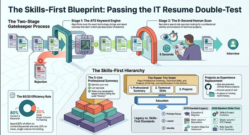 Skills-First Blueprint for IT fresher resume showing how passing the ATS double-test requires keyword density before human reading
