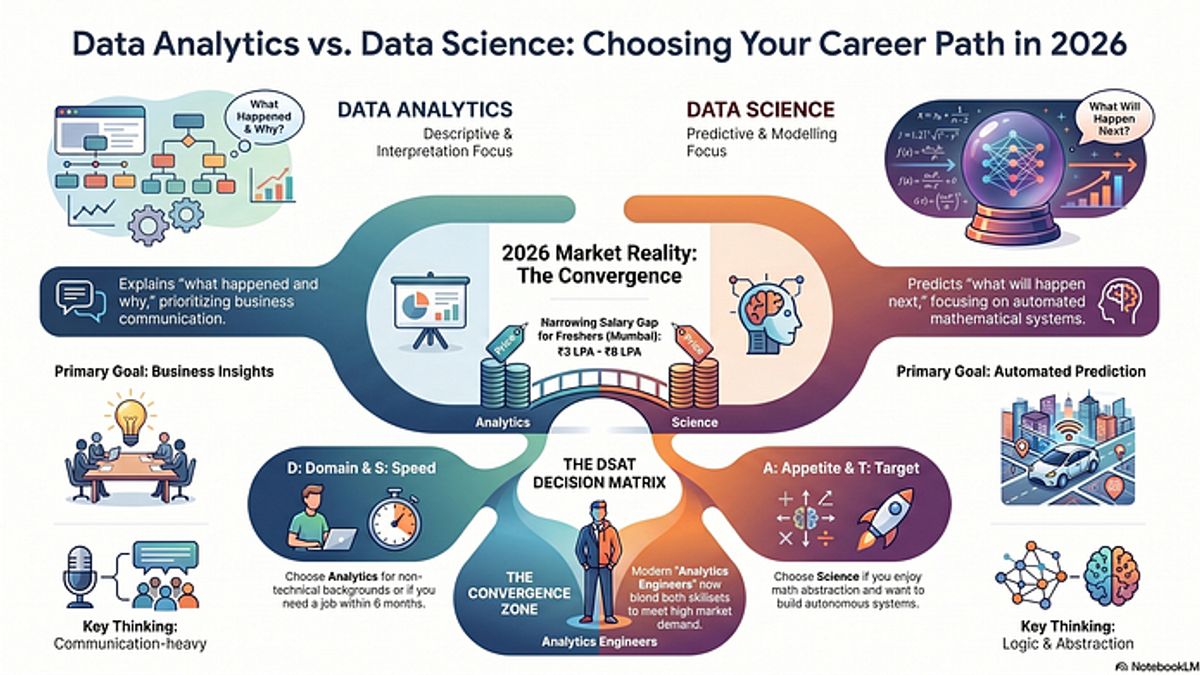 Overview comparison graphic showing the core difference between Data Science and Data Analytics in terms of questions answered and tools used