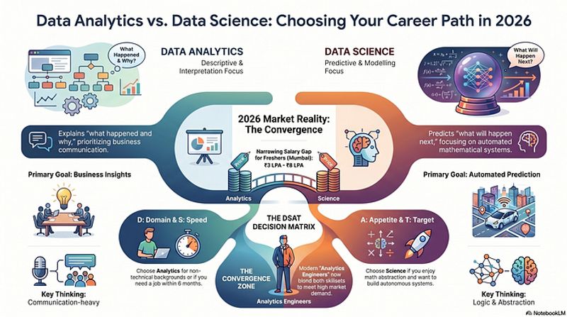 Overview comparison graphic showing the core difference between Data Science and Data Analytics in terms of questions answered and tools used