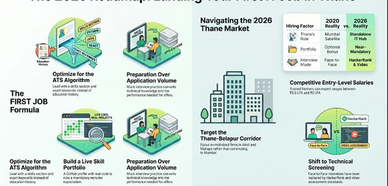 Infographic showing the real reasons IT freshers in Thane are not getting responses — ATS resume failure wrong roles skill misalignment and poor local market knowledge