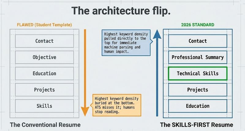 SKILLS-FIRST Resume Architecture diagram showing the correct section order — Professional Summary Skills Projects Education Certifications