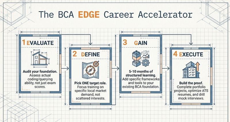 BCA EDGE Career Accelerator visual showing the sequential path from BCA foundation audit to IT job placement in Thane 2026