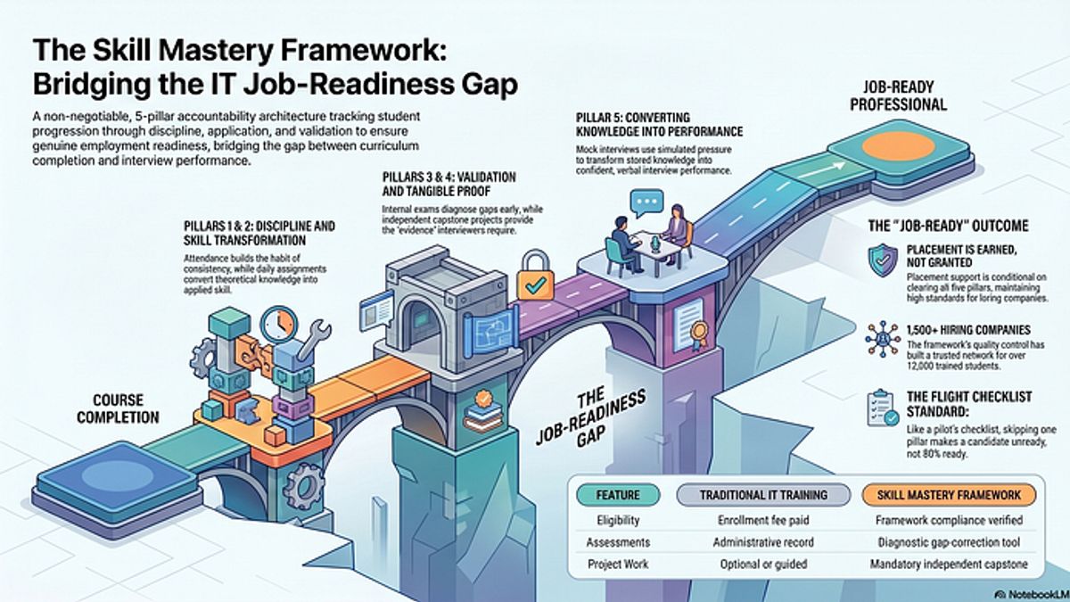 Overview graphic of the Skill Mastery Framework showing the five pillars — Attendance, Assignments, Exams, Projects, and Mock Interviews