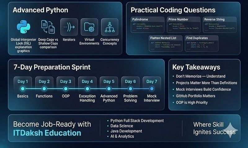 7-day Python interview preparation sprint plan for freshers with daily topic schedule from basics to full mock interview