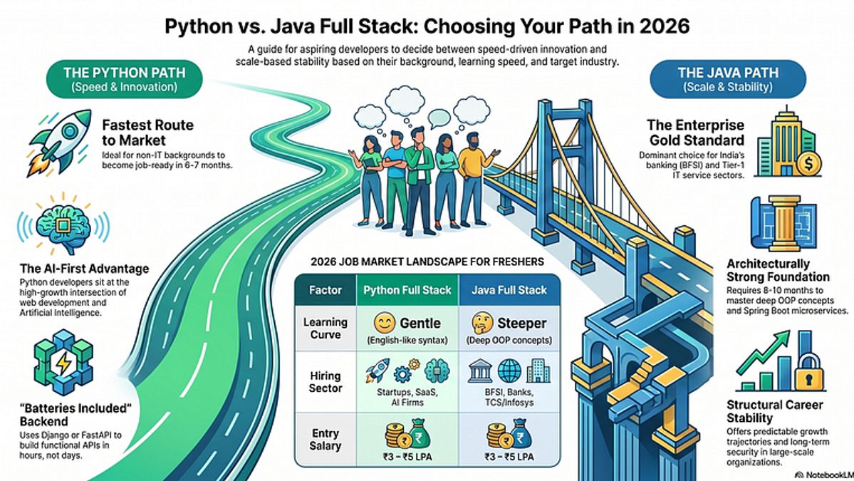 Comparison chart of Python Full Stack and Java Full Stack architecture for developers in 2026