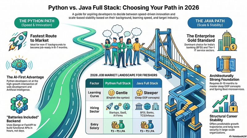 Comparison chart of Python Full Stack and Java Full Stack architecture for developers in 2026