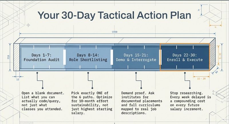 30-day post-BCA action plan for graduates in Thane showing foundation audit role shortlisting demo attendance and enrollment stepsA seven-step day-range action plan visual for BCA graduates in Thane — showing Days 1–7 (foundation audit), Days 8–14 (role shortlisting), Days 15–21 (demo and institute evaluation), and Days 22–30 (decision and enrollment). Each phase is visually distinct with a label, brief action description, and progression connector. The visual is designed to break decision paralysis by making the path from graduation to enrollment concrete and time-bounded.