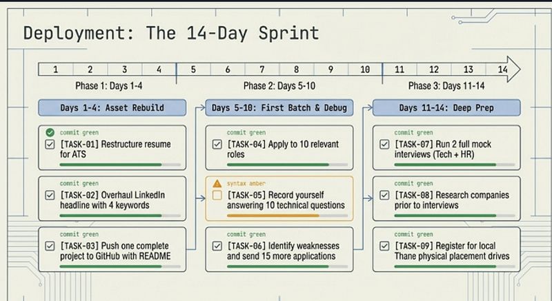 14-day IT job sprint plan for freshers in Thane showing daily actions from Day 1 resume rebuild through Day 14 interview preparation depth