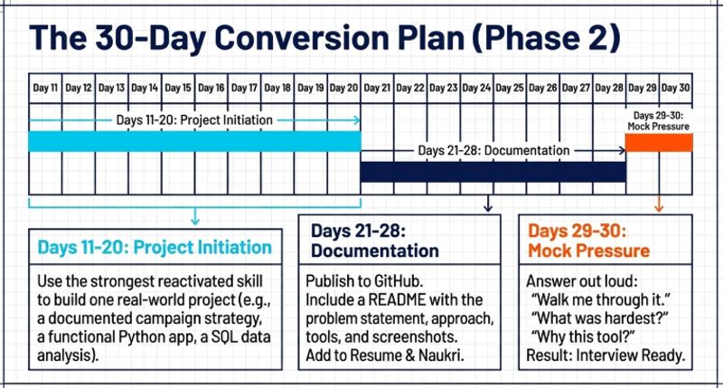 30-day certificate to portfolio conversion plan showing daily actions from certificate audit through skill reactivation project build documentation and mock interview