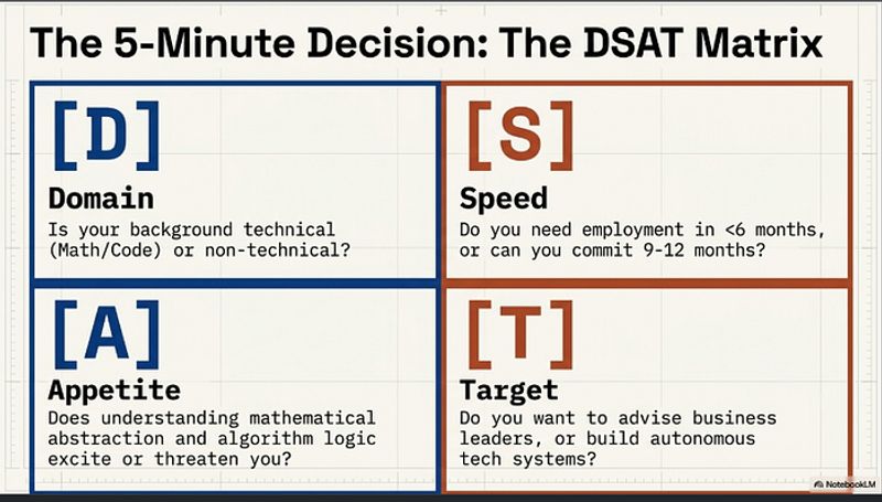 DSAT Matrix decision framework showing four questions to help freshers choose between Data Science and Data Analytics