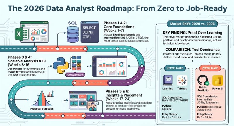 Infographic showing why most Data Analyst roadmaps leave beginners confused by listing too many tools without a clear sequence for first employment in India
