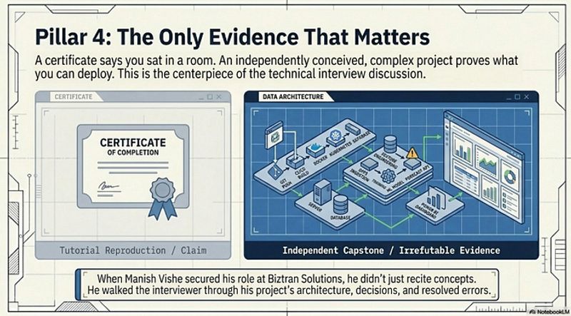  Pillar 4 Projects visual showing how independently built capstone projects serve as the primary evidence of skill in IT fresher interviews