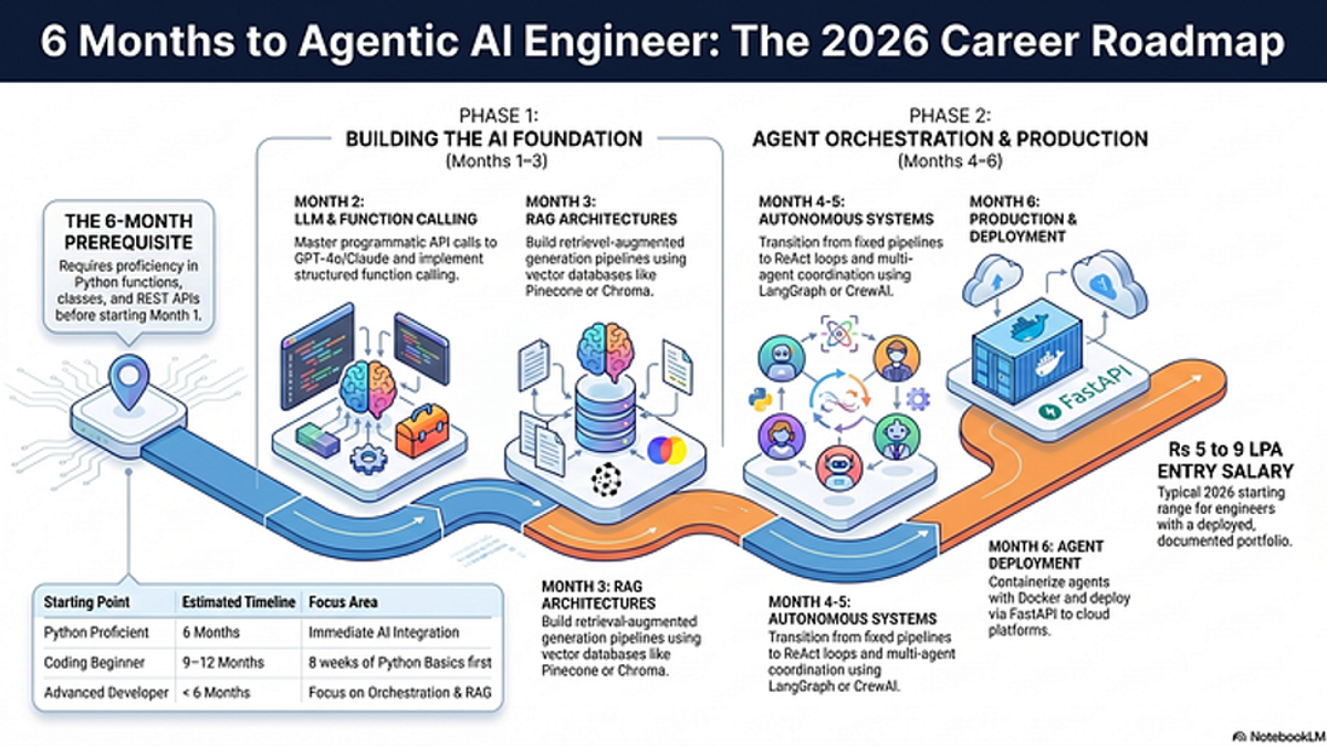 How to Become an Agentic AI Engineer in 6 Months in 2026 overview showing the six-stage roadmap from foundation to production deployment