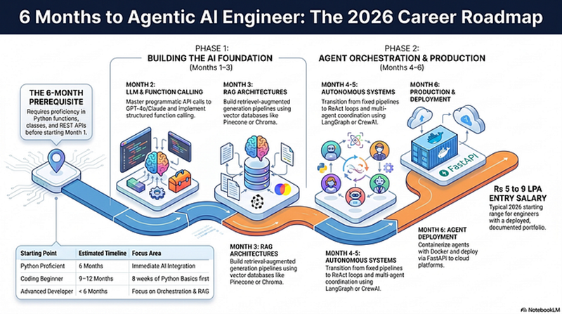 How to Become an Agentic AI Engineer in 6 Months in 2026 overview showing the six-stage roadmap from foundation to production deployment