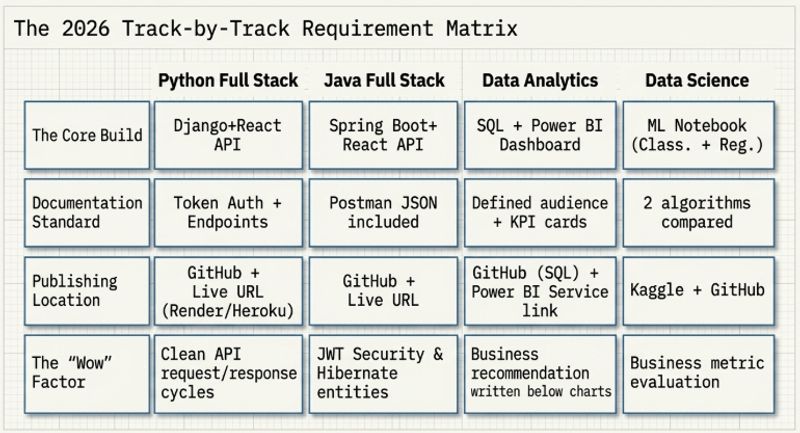 2026 Track-by-Track Requirement Matrix showing portfolio project specifications for Python Full Stack Data Analytics Data Science and Java Full Stack