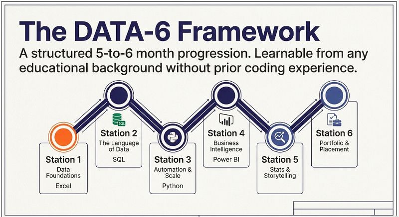 DATA-6 Analyst Progression framework showing six phases from Excel foundations through portfolio and placement preparation