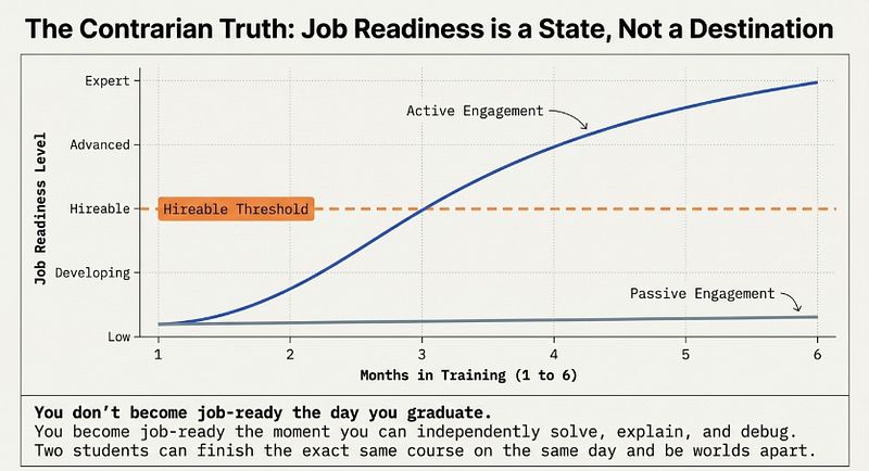 Contrarian truth graphic showing that job-readiness is crossed during training not at the end and depends on active versus passive engagement