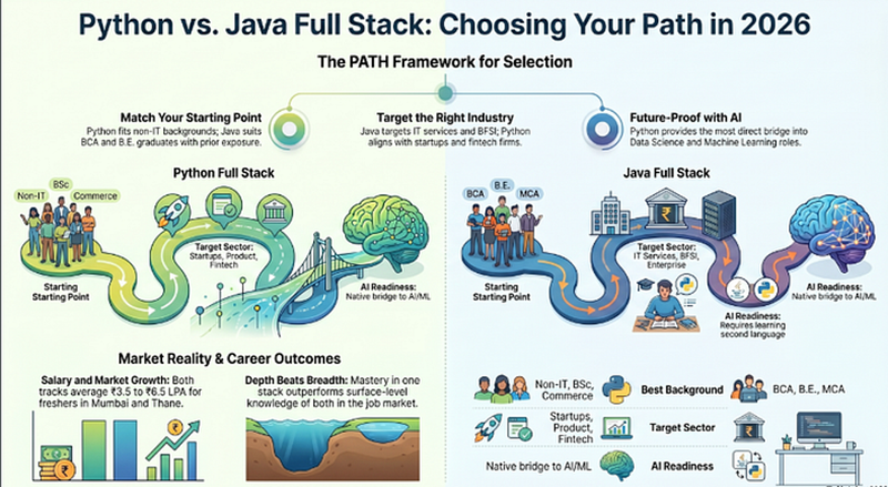 Python vs Java Full Stack comparison overview graphic showing how to choose your development path in India in 2026