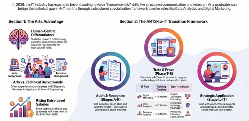 Infographic explaining why the belief that arts graduates cannot enter IT persists and why it is outdated in 2026