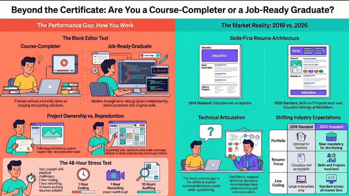 Infographic explaining why the distinction between job-ready IT graduate and course-completer is uncomfortable but important for freshers in India
