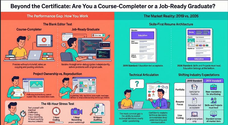 Infographic explaining why the distinction between job-ready IT graduate and course-completer is uncomfortable but important for freshers in India