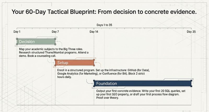 60-day arts to IT career pivot plan showing Day 1 to Day 35 roadmap with daily actions and milestone outputs