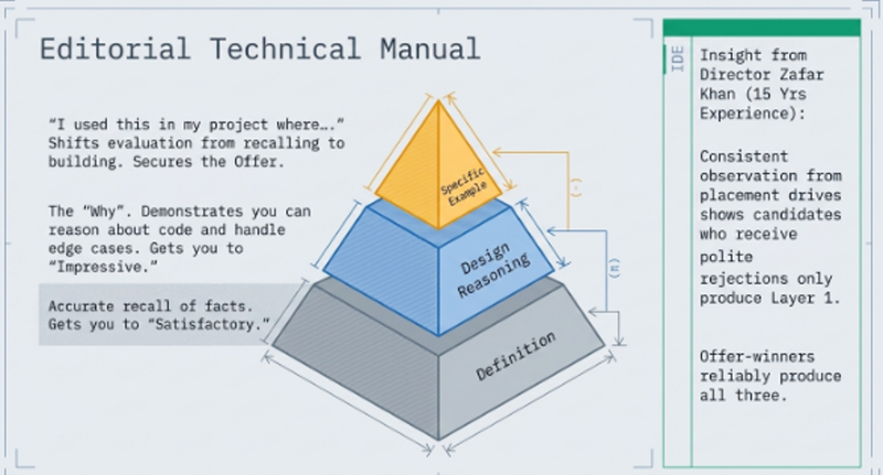 DEPTH-PLUS-EXAMPLE Answer Formula showing three layers — Layer 1 definition Layer 2 design reasoning Layer 3 project example — for Java interview preparation