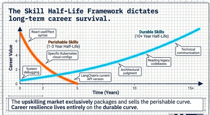 SKILL HALF-LIFE Framework showing perishable skills with 1 to 3 year expiry versus durable skills that compound over decades for IT career India