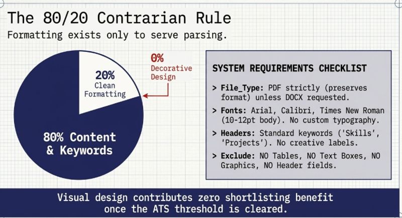 ATS-specific format rules for IT fresher resumes showing single column PDF font and section header requirements