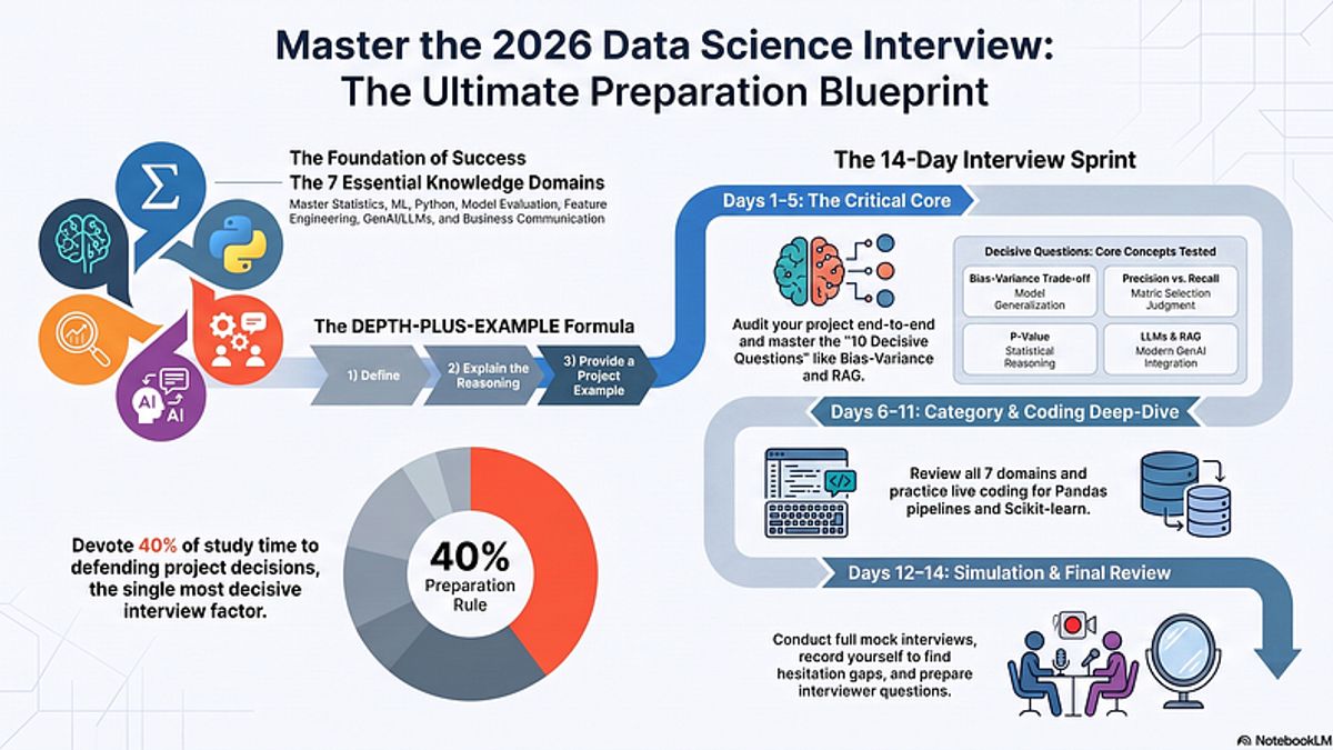 DS-INTERVIEW Preparation System showing seven domains — statistics machine learning Python model evaluation feature engineering GenAI and business communication