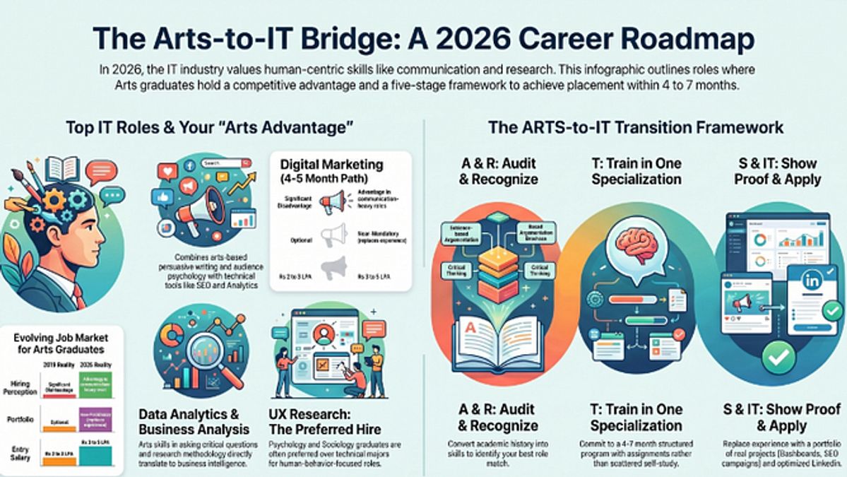 Career roadmap graphic showing the path from arts graduate to IT professional in India in 2026 covering Digital Marketing Data Analytics and Business Analysis