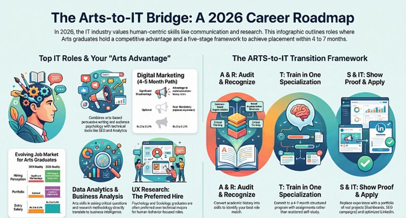 Career roadmap graphic showing the path from arts graduate to IT professional in India in 2026 covering Digital Marketing Data Analytics and Business Analysis