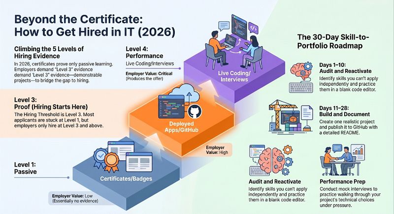 PROOF Hierarchy diagram showing five levels of IT hiring evidence from Passive Learning certificates through Practice Proof Performance and Placement