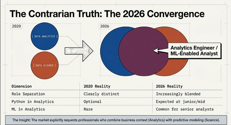 Diagram showing the convergence of Data Analytics and Data Science roles in 2026 with the emerging Analytics Engineer profile in the middle