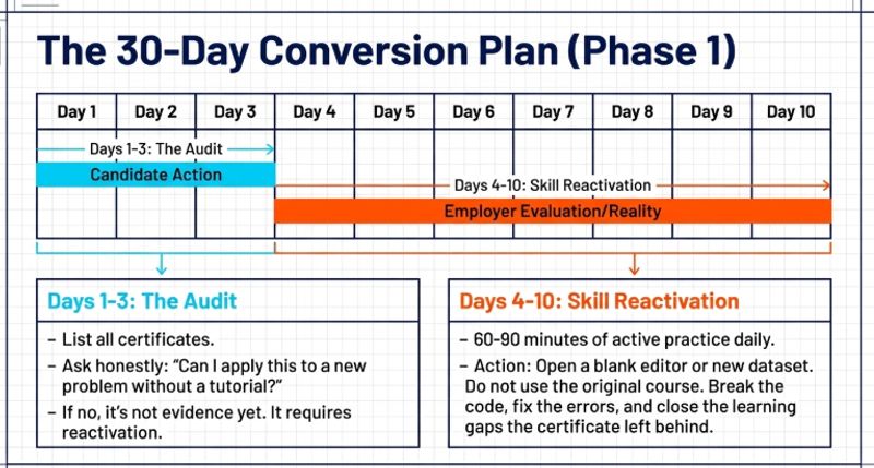 30-day certificate to portfolio conversion plan showing daily actions from certificate audit through skill reactivation project build documentation and mock interview