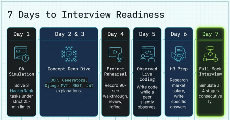 7-day Python interview preparation sprint calendar showing daily stage-specific activities from OA simulation to full mock interview