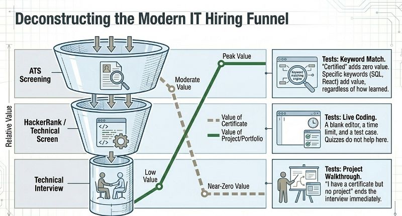 IT hiring funnel comparison table showing what each stage tests and whether certificates help at ATS screening HackerRank technical interview and HR round