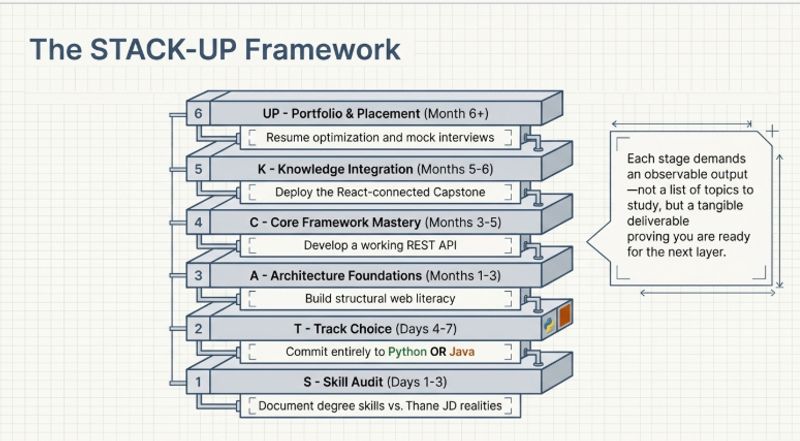 STACK-UP Framework showing six stages from graduation to Full Stack developer in Thane — Skill Audit Track Choice Architecture Core Framework Knowledge Integration Portfolio Placement