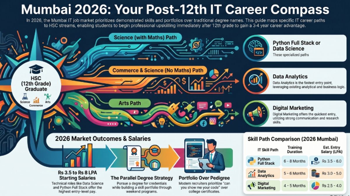 Infographic showing why the IT skill decision made after 12th in Mumbai in 2026 matters more than college choice for employment outcomes