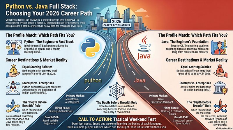 Career timeline comparison of Python Full Stack versus Java Full Stack from 2021 to 2026 in India
