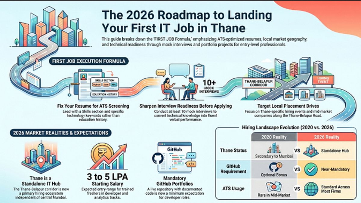 Roadmap visual showing the step-by-step path for IT freshers in Thane to land their first IT job in 2026