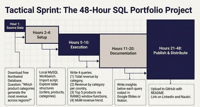 48-hour SQL portfolio project plan using Northwind database showing four analytical queries and documentation steps