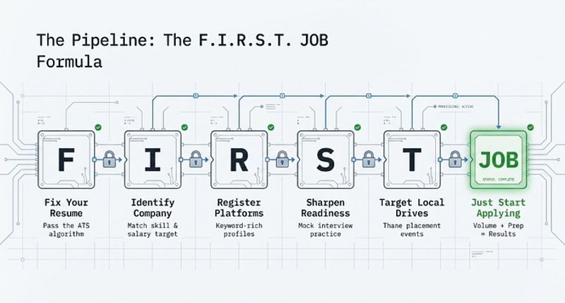 FIRST JOB Formula framework showing six stages for IT freshers in Thane — Fix resume Identify target Rregister platforms Sharpen interview Target drives apply