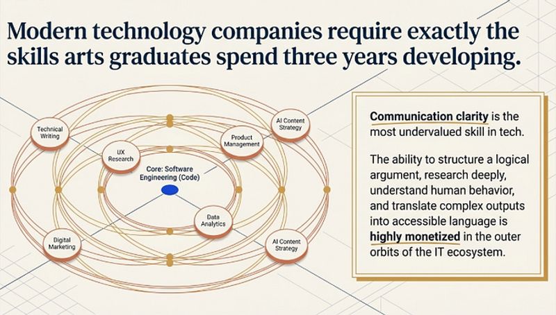 Visual showing arts graduate transferable skills that IT companies value including communication research methodology and human behaviour understanding