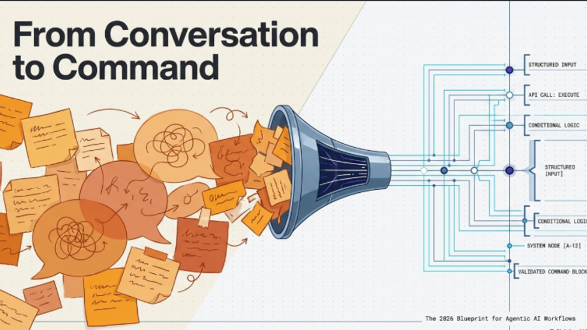 COMMAND vs CONVERSE Framework showing two modes of AI interaction — conversational high cognitive overhead versus command front-loaded design consistent execution