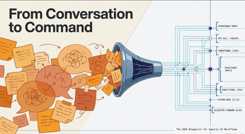 COMMAND vs CONVERSE Framework showing two modes of AI interaction — conversational high cognitive overhead versus command front-loaded design consistent execution